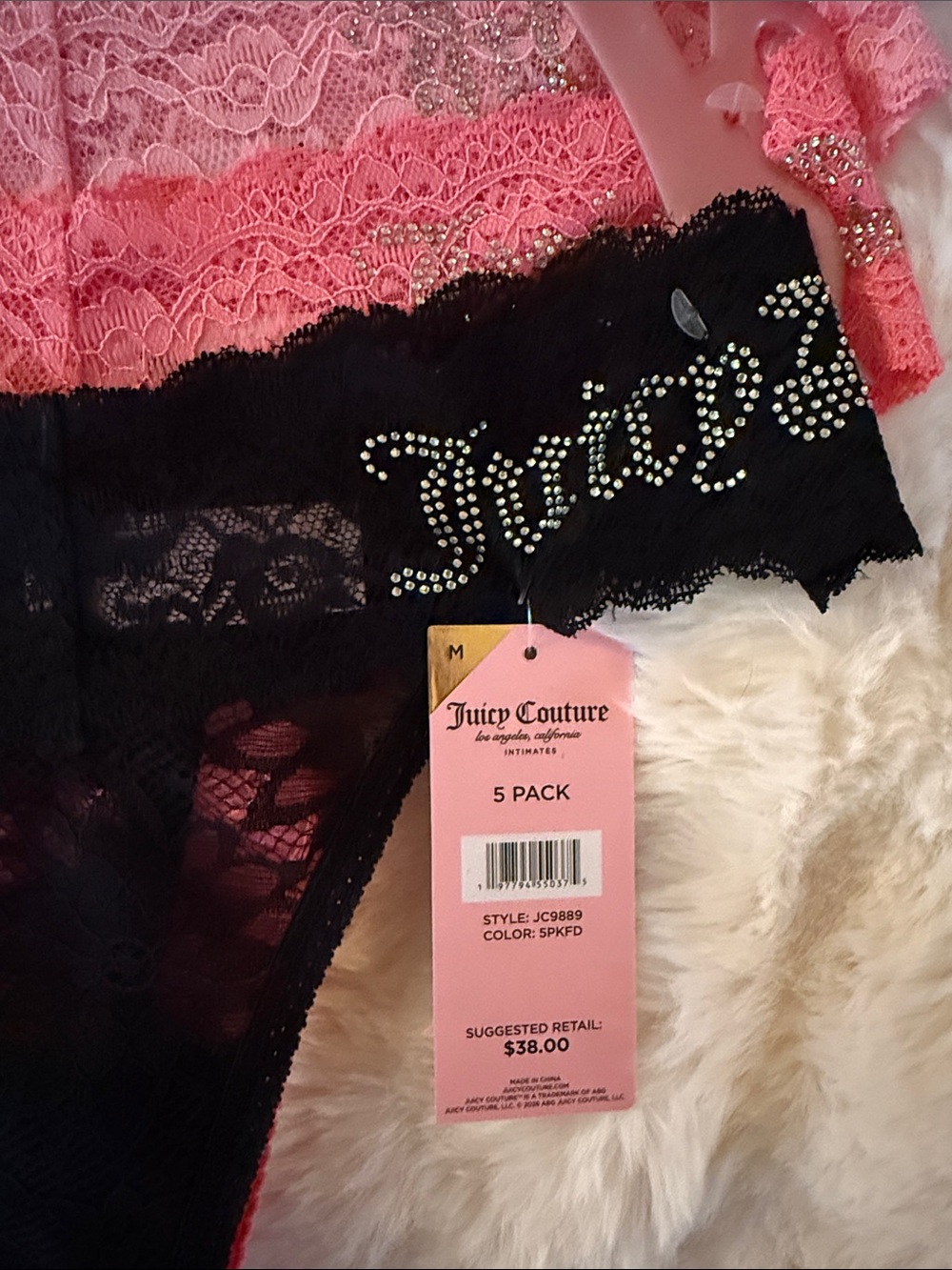 5 pack Juicy Couture Lace Thong Pack in Black and Pink Shades - Picture 2 of 7